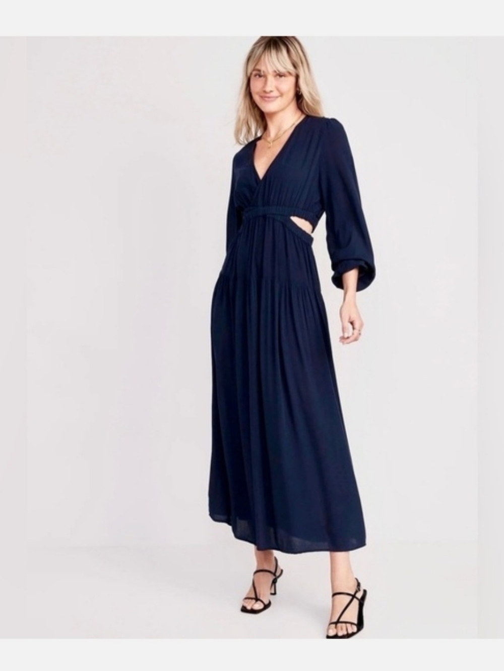 Women's Navy Long Sleeve V-Neck Maxi Dress